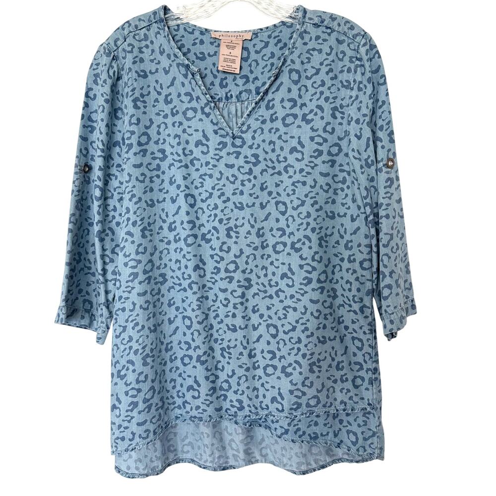 Philosophy Tunic Flowy Top Roll Tab Sleeve V-Neck Denim Leopard Chambray Top